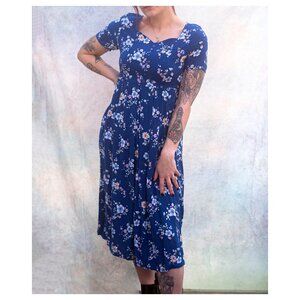 Vintage 90s Erika Studio Blue Floral Sweet Heart Button Swing Dress - Med Petite